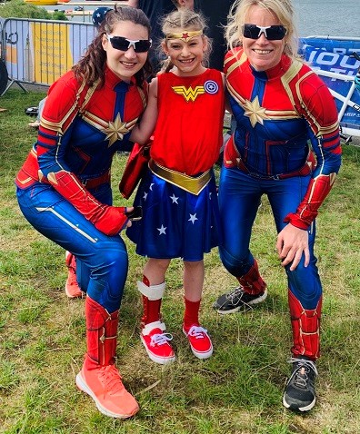 Paralympic gold medallists and World Alpine Champions Menna Fitzpatrick and Jen Kehoe MBE with Chloe at the Superhero Tri