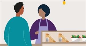 Cartoon of cashier and consumer at grocery shop
