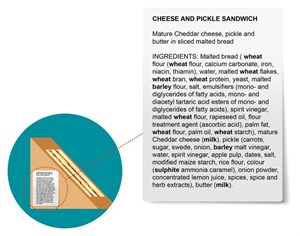 Cartoon close up of cheese and pickle sandwich label