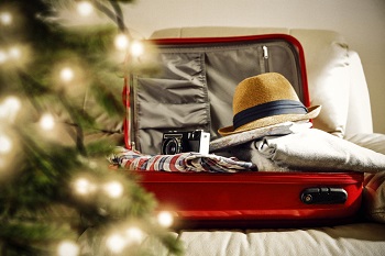 Travel suitcase with clothes and camera in it seen through a Christmas tree