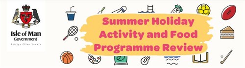 Summer holiday activity and food programme review banner with iomg logo