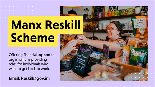 Manx reskill scheme banner with woman holding a card machine in a store