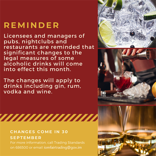 Reminder banner - significant changes to the legal measures of drinks including gin, rum, vodka and wine to come into effect on 30 September 2022 - call or email OFT for more info