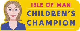 Isle of Man Children's Champion banner with Kerry Sharpe's cartoon