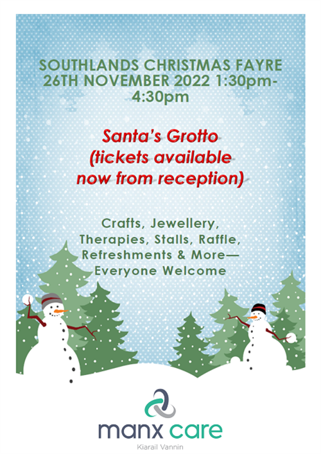 Southlands Christmas Fayre 26 Nov 2022 1.30pm to 4.30pm - Santa's Grotto tickets available from reception - Crafts, jewellery, therapies, stalls and more