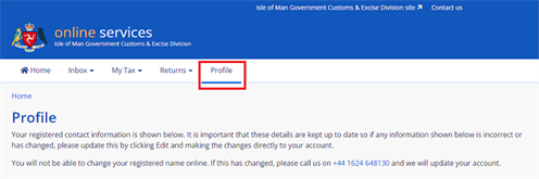 Customs and excise online services profile tab view