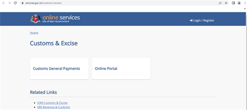 Customs and excise online services landing page with 'Customs general payments' and 'Online portal' buttons