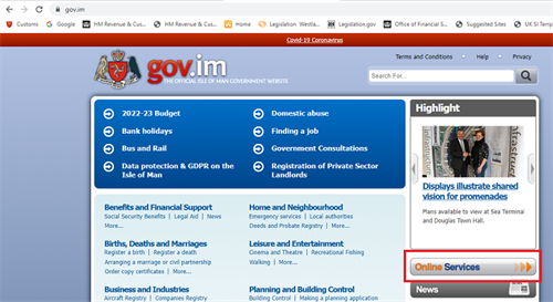 Gov.im homepage with online services button circled in red