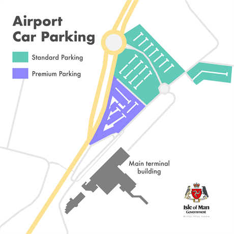 IoM Airport parking map - premium lot closer to the main airport building and marked in purple whereas standard lot farther away marked in teal