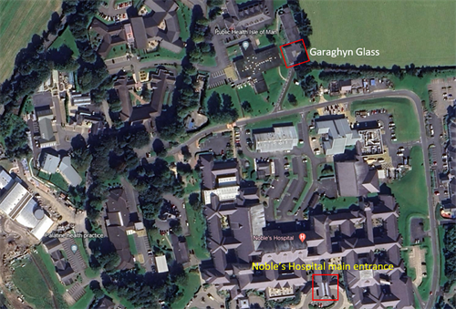 Map showing Nobles grounds with main entrance and Garaghyn Glass - where the Patient Transfer service will move to