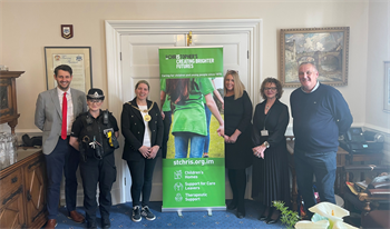 Pictures from left to right: Oliver Cheshire - City Centre Manager (Douglas City Council), PC Anne Jones - neighbourhood policing, Mrs Natalie Byron-Teare – Madam Mayor, Teresa Cope - CEO Manx Care, Julie Gibney - Assistant Director - Children and Families Social Work, Manx Care and Steve Taylor - Head of Children’s Residential Services at St Christopher’s